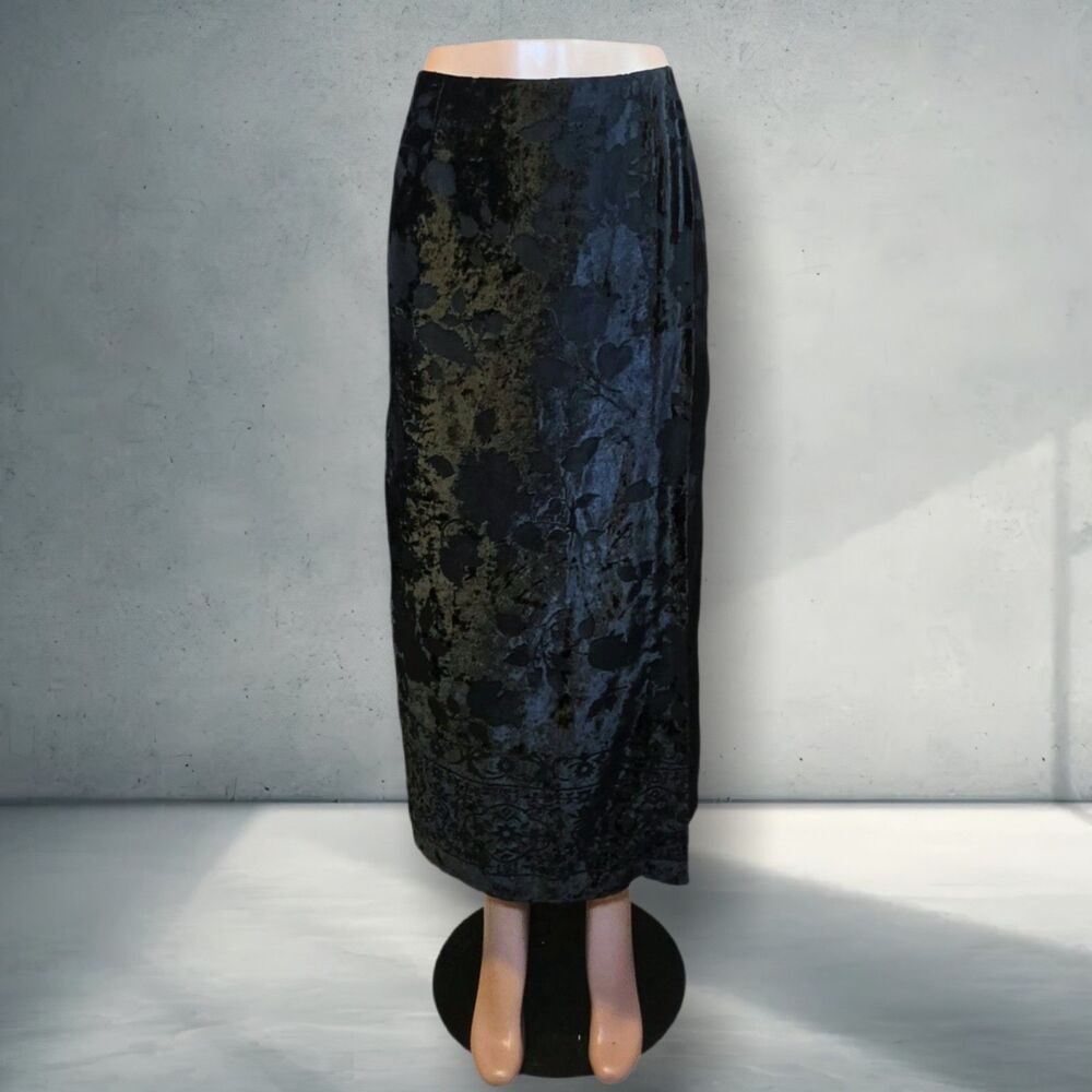 Vintage 90s Rafaella Gothic Burnout Velvet Floral Column Mock Wrap Maxi